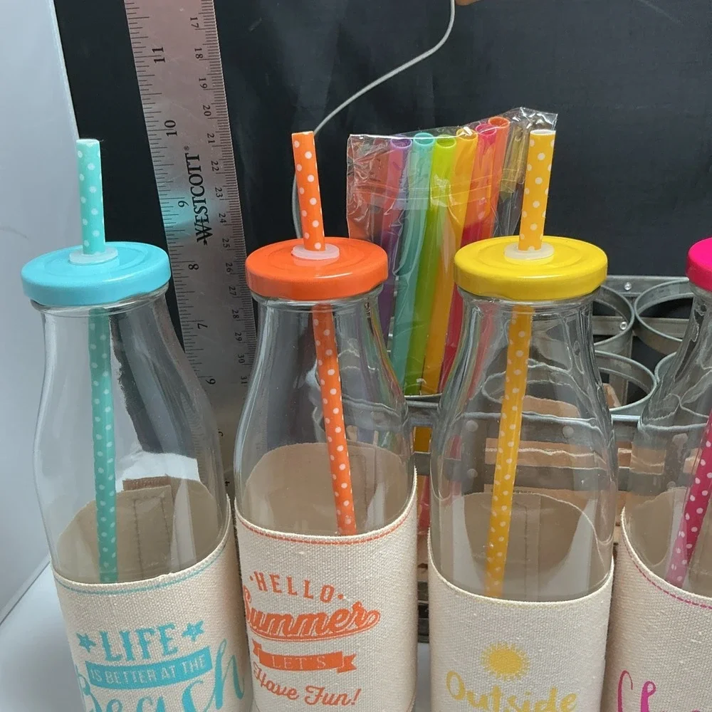 6 Summer drink Glass Milk Bottles‎ Jugs Metal Caddy & 12 Reusable Straws